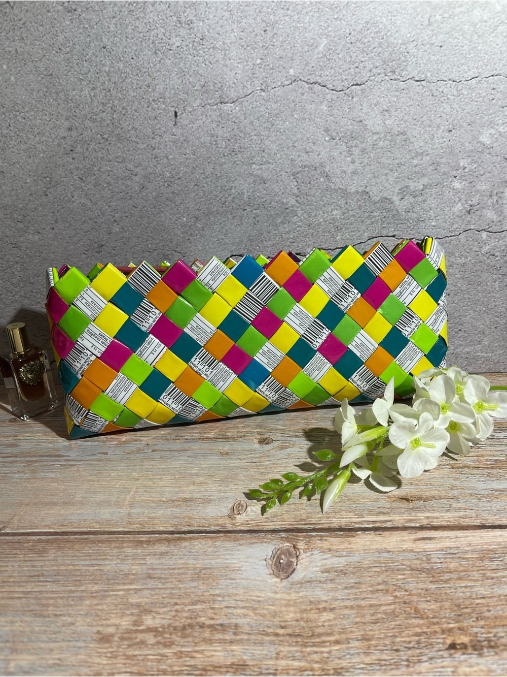 Nahui Ollin Multicolor Candy Wrapper Woven Clutch EUC